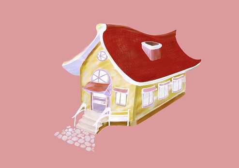 A beautiful little house. Painterly drawing in the technique of pastels on a color background