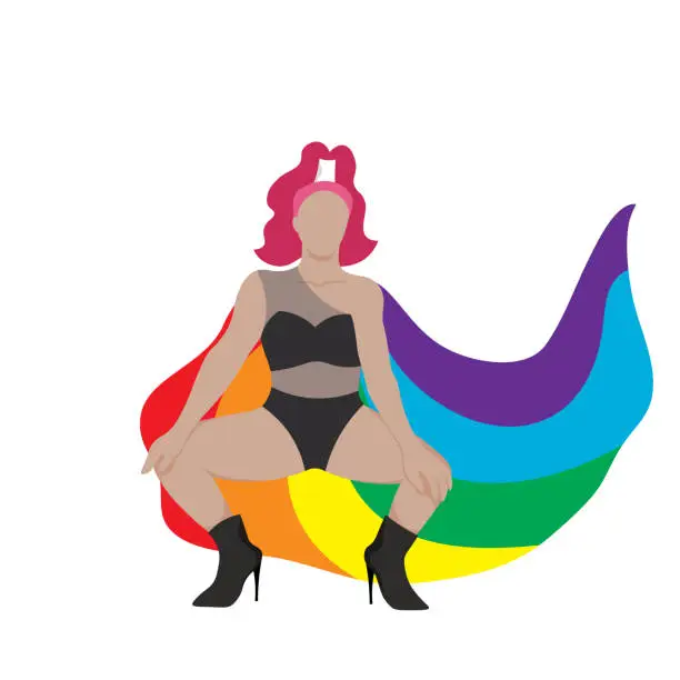 Vector illustration of A confident drag queen in black tone outfit with rainbow cape for LGBTQ+ concept and for equality and diversity supporting