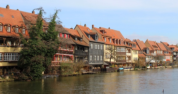Little Venice in Bamberg (Bavaria, Germany): Former fishermen's houses, half-timbered houses from the Middle Ages on the Regnitz. A tourist highlight. View from the Leinritt.
