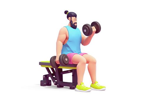 Full length young cute smiling bearded brunette man wears sportswear, pink shorts, blue tank top, green sneakers trains with dumbbells in hands, sits on weight bench. 3d render isolated white backdrop