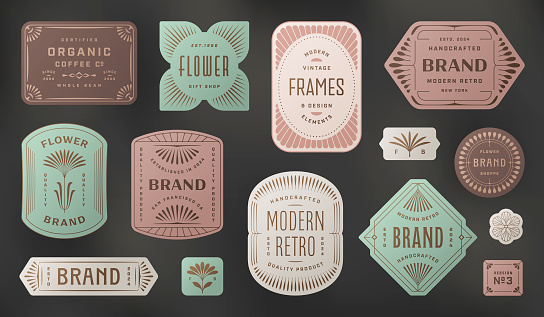 Modern vintage frames, badges and labels. Collection of luxury labels and frames with stylized floral motifs.