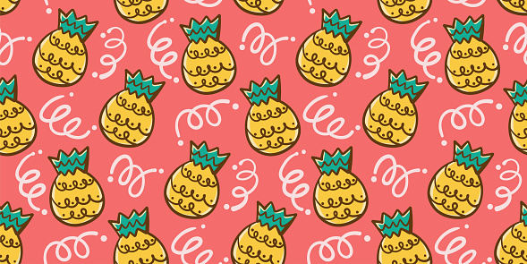 Cute pineapple doodle cartoon seamless pattern. Pattern swatch ready in vector color swatch panel. Can be used for textile, fabric print, wallpaper-decor, wrapping paper, home decor, clothing. banner, cover, cards and more