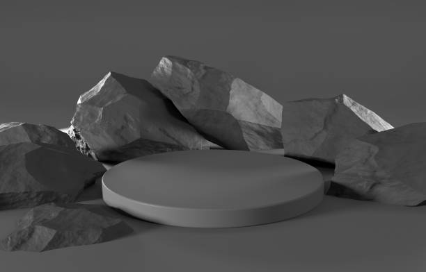 istock Black Platform Podium With Rocks Or Stones in Background. Product or Packaging Presentation Display Scene. 3D Render Idea. 2073437479