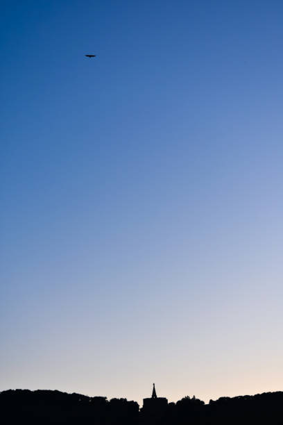 A photograph of a clear blue daytime sky, with the brightness increasing towards the horizon.