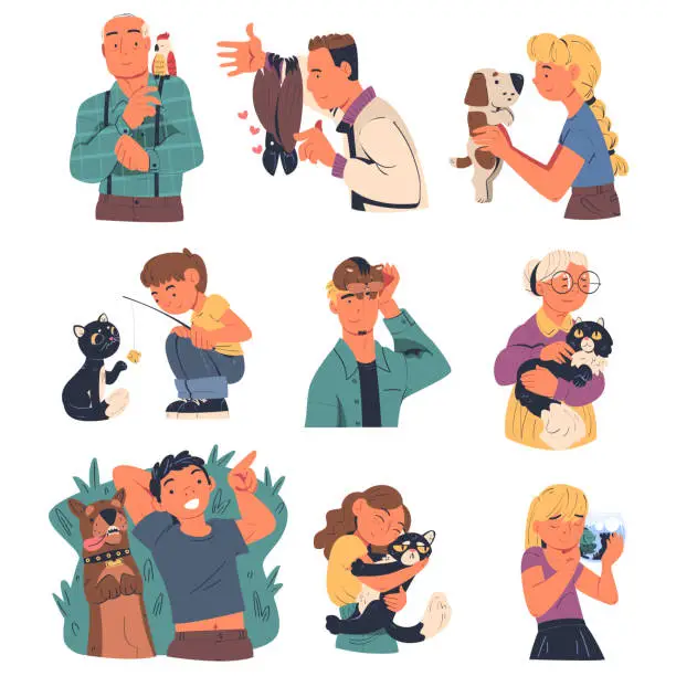 Vector illustration of People Characters with Their Favorite Pets Cuddling and Loving Them Vector Illustration Set