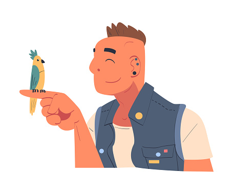 Young Man Character with Hawk Hairdo Having His Favorite Parrot Pet Sitting on His Finger Vector Illustration. Male Together with His Animal Companion