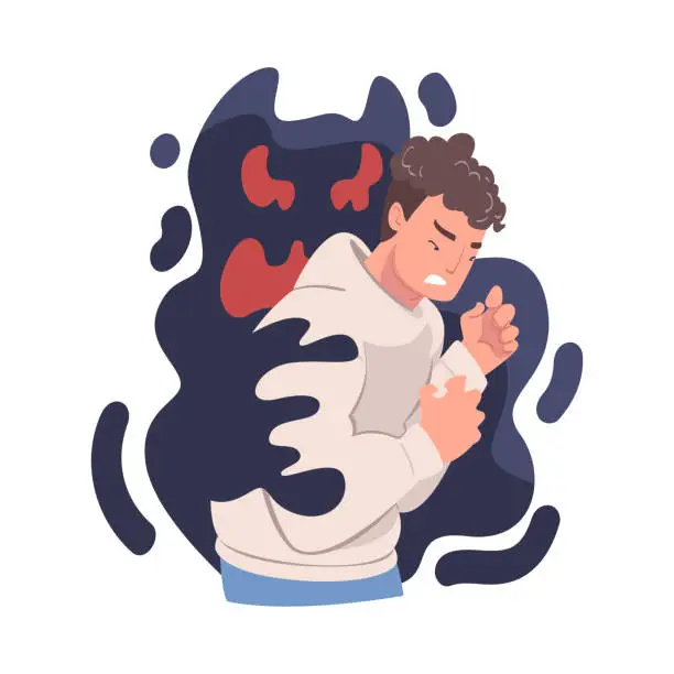 Vector illustration of Young Man Feeling Anger and Malice Grasped by Dark Inner Monster Vector Illustration