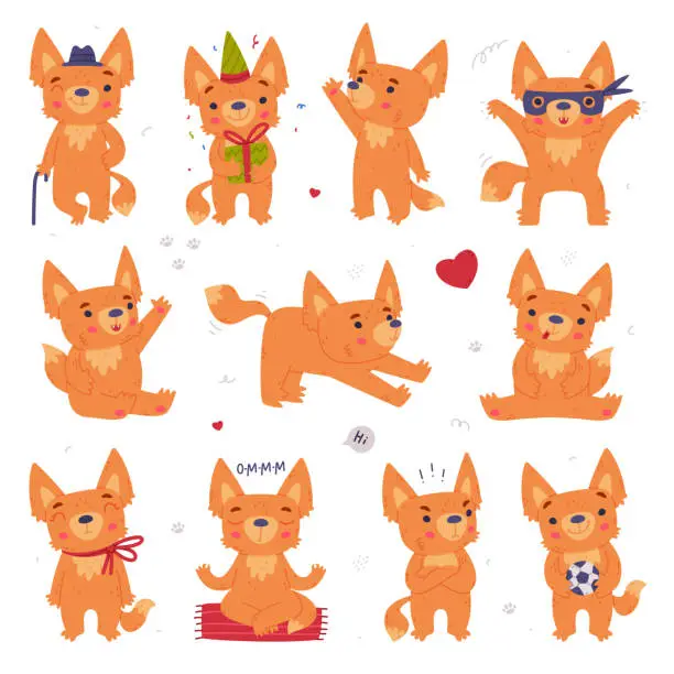 Vector illustration of Cute Fennec Fox with Red Coat and Large Ears Engaged in Different Activity Vector Set