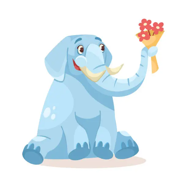 Vector illustration of Cute Blue Elephant Character Sitting with Flower Bouquet Vector Illustration