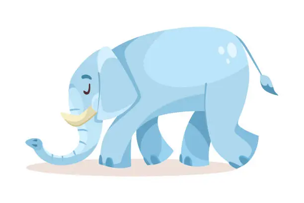 Vector illustration of Cute Blue Elephant Character Walking with Sad Face Vector Illustration