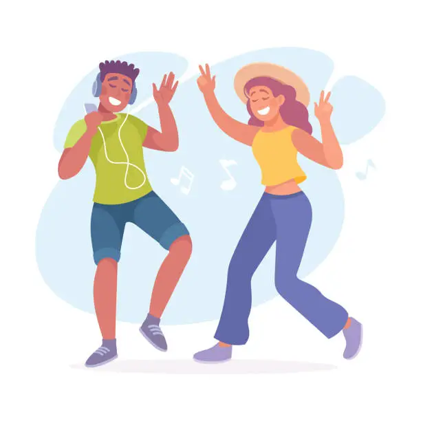 Vector illustration of Young Man and Woman Dancing to Music Moving Body Vector Illustration