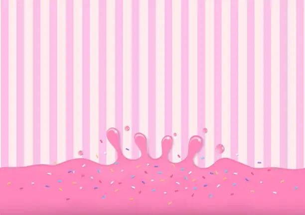 Vector illustration of Pink liquid with sprinkles on striped background