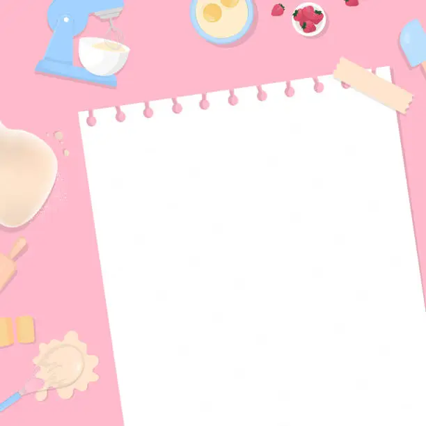 Vector illustration of Note paper and bakery ingredient on pink background