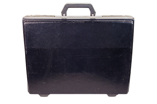 old plastic soviet attache case from 1970s isolated on white background.