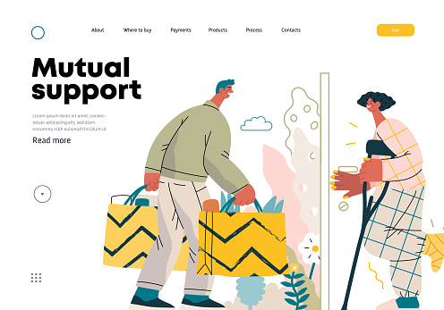 Mutual Support Buying groceries for ill neighbor -modern flat vector concept illustration of man carrying shopping bags for woman on crutches Metaphor of voluntary, collaborative exchanges of services