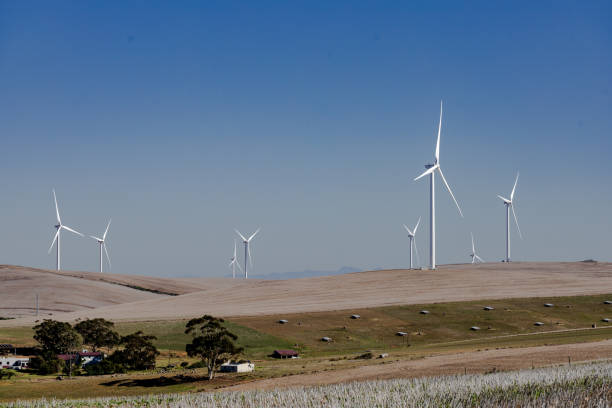 Wind turbines generating renewable green energy in South Africa stock photo