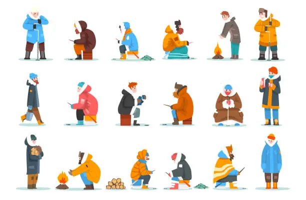 Vector illustration of Fisherman in Warm Winter Clothing Capturing and Angling in Ice Hole with Fishing Rod Vector Set