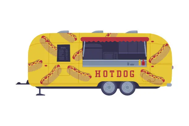 Vector illustration of Yellow Food Truck as Equipped Motorized Vehicle for Cooking and Selling Street Food Vector Illustration