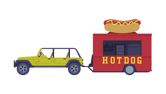 Car with Red Food Truck as Equipped Motorized Vehicle for Cooking and Selling Street Food Vector Illustration. Wheeled Van or Trailer Serving and Preparing Fast Food and Snack Concept