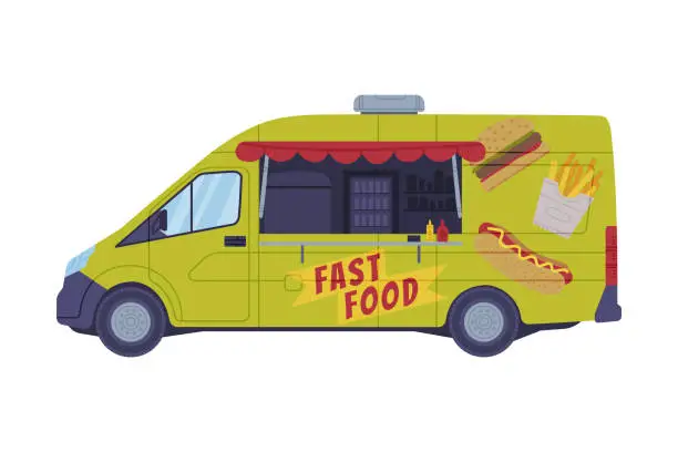 Vector illustration of Green Food Truck as Equipped Motorized Vehicle for Cooking and Selling Street Food Vector Illustration