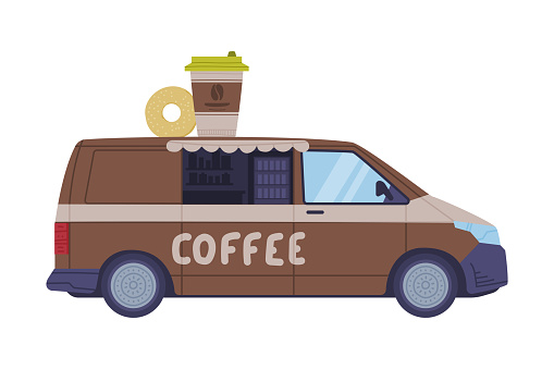 Brown Coffee and Donut Food Truck as Equipped Motorized Vehicle for Cooking and Selling Street Food Vector Illustration. Wheeled Van or Trailer Serving and Preparing Fast Food and Snack Concept