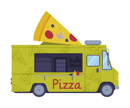 Green Food Truck as Equipped Motorized Vehicle for Cooking and Selling Street Food Vector Illustration. Wheeled Van or Trailer Serving and Preparing Fast Food and Snack Concept