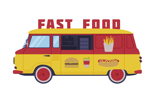 Red and Yellow Food Truck as Equipped Motorized Vehicle for Cooking and Selling Street Food Vector Illustration. Wheeled Van or Trailer Serving and Preparing Fast Food and Snack Concept