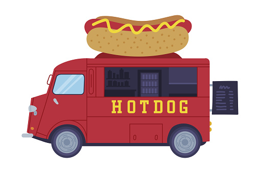 Red Hot Dog Food Truck as Equipped Motorized Vehicle for Cooking and Selling Street Food Vector Illustration. Wheeled Van or Trailer Serving and Preparing Fast Food and Snack Concept