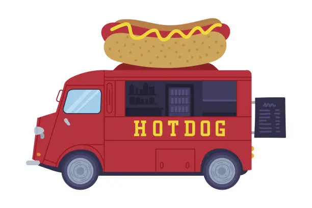 Vector illustration of Red Hot Dog Food Truck as Equipped Motorized Vehicle for Cooking and Selling Street Food Vector Illustration