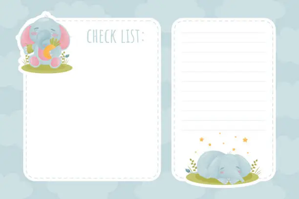 Vector illustration of Empty Note Card with Cute Blue Elephant Character Vector Template