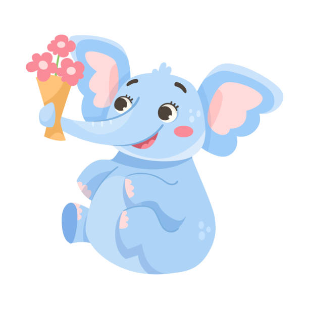 Cute Blue Baby Elephant Character Sitting with Flower Bouquet Vector Illustration Cute Blue Baby Elephant Character Sitting with Flower Bouquet Vector Illustration. Funny African Little Animal elephant ear plant stock illustrations