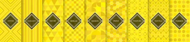 Vector illustration of Collection of seamless vibrant geometric patterns. Yellow mosaic tile endless textures. Abstract unusual bright backgrounds. Minimalistic modern prints