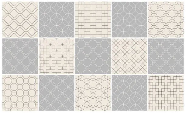Vector illustration of Collection of seamless geometric ornamental vector outline patterns. Tile oriental backgrounds. Trendy grey and beige delicate design. Monochrome vintage prints