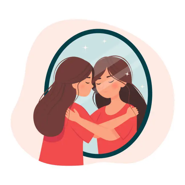 Vector illustration of Girl hugs her reflection in the mirror