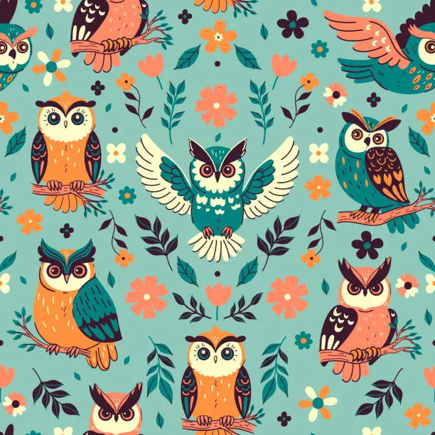 Vector illustration of Seamless pattern with owls and flowers. Vector graphics.
