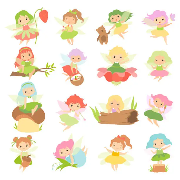 Vector illustration of Little Fairy or Pixie with Wings as Woodland Nymph Big Vector Set