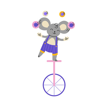 Circus Grey Mouse Animal Ride Unicycle and Juggling Balls Vector Illustration. Funny Mammal Performing on Stage