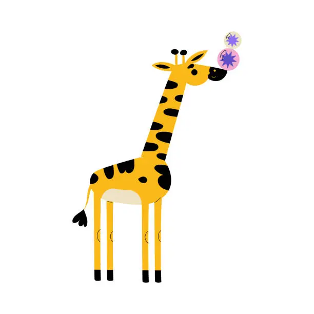 Vector illustration of Circus Giraffe Animal Standing and Balancing Balls Vector Illustration