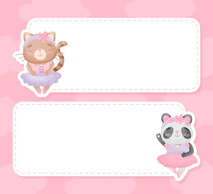 Notepad Page with Cute Animal Ballerina in Tutu Skirt and Pointe Shoes Vector Template. Empty Card Design with Funny Mammal