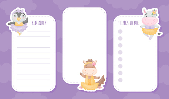 Notepad Page with Cute Animal Ballerina in Tutu Skirt and Pointe Shoes Vector Template. Empty Card Design with Funny Mammal