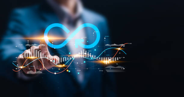 istock Business planning and strategy concept. Businessman touching with virtual infinity symbol and business profit revenue growth graph for Circular economy with infinite concept. 2073540225