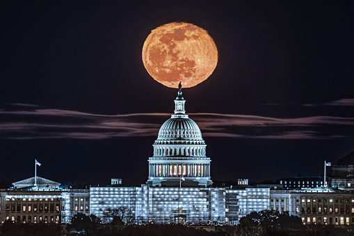 Full moon as it rises over Washington DC and the Nation's Capital.