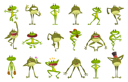 Green Funny Frogs Character in Various Pose and Face Expression Vector Set. Comic Toad and Leaping Amphibian Creature