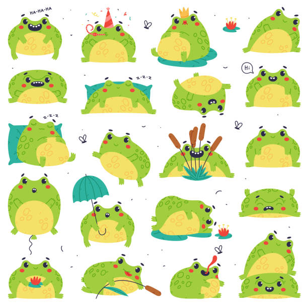 illustrazioni stock, clip art, cartoni animati e icone di tendenza di cute green frog or toad character engaged in different activity vector set - frog catching fly water