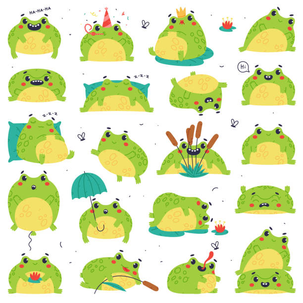 cute green frog or toad character engaged in different activity vector set - frog catching fly water stock illustrations