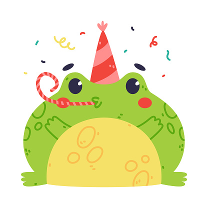 Cute Fat Green Frog or Toad Character in Birthday Hat Blowing Whistle Vector Illustration. Aquatic Croaking Animal