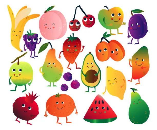 Vector illustration of Cute Humanized Fruit with Smiling Face Big Vector Set