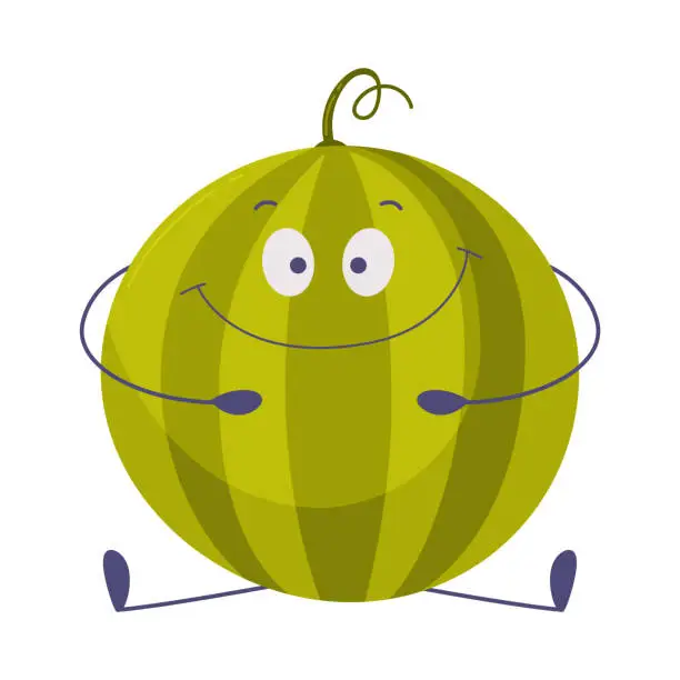 Vector illustration of Funny Round Green Watermelon Character Sitting on the Ground Vector Illustration