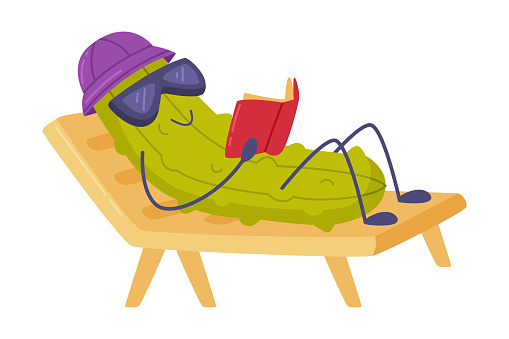 Funny Green Cucumber Character in Sunglasses Lying on Deckchair and Reading Book Vector Illustration. Fresh Humanized Garden Juicy Vegetable Enjoying Life Concept