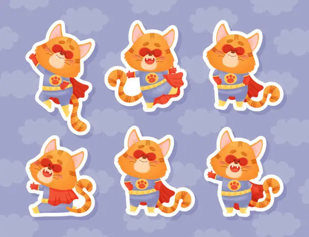 Vector illustration of Funny Cat Superhero in Mask and Cloak Vector Sticker Set